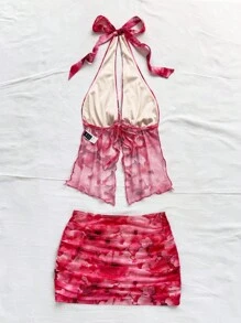 SHEIN x Eduarda Gutierrez Soleia Bộ đồ hở lưng in họa tiết hoa nhuộm loang cho nữ kèm áo vest hoa giả và chân váy mini nhún bèo, thích hợp cho tiệc tùng, hẹn hò, trà chiều, bãi biển, lễ hội, trang phục mùa hè - Đỏ - Xem 2