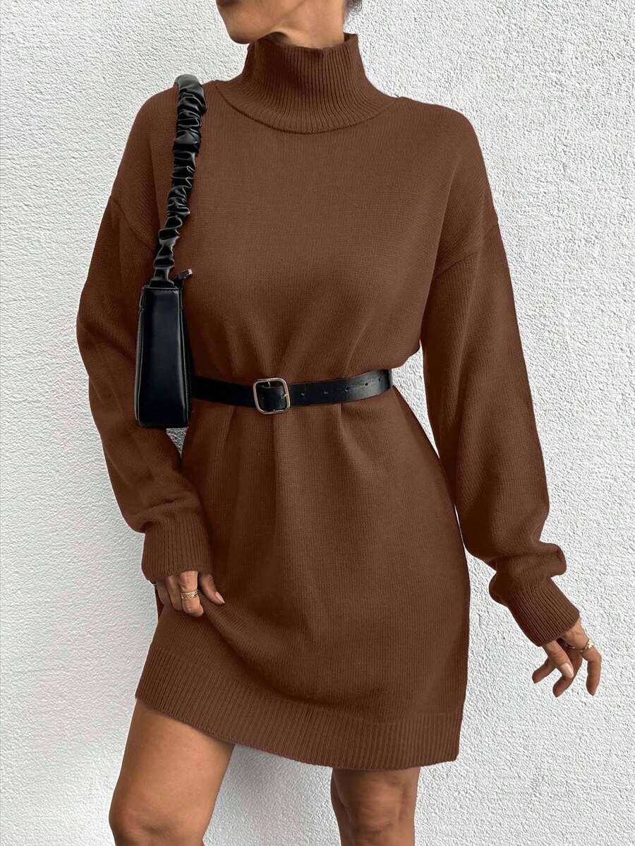 EURMUSE Turtleneck Drop Shoulder Sweater Dress (Belt Not Included) - Brown - View 1