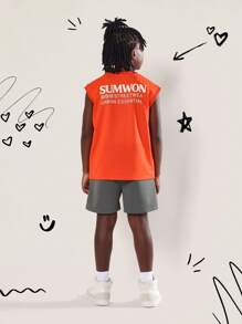 SUMWON 夏季街头服饰基本款都市背心无袖短裤运动服青年健身 - 橘色 - 查看 1