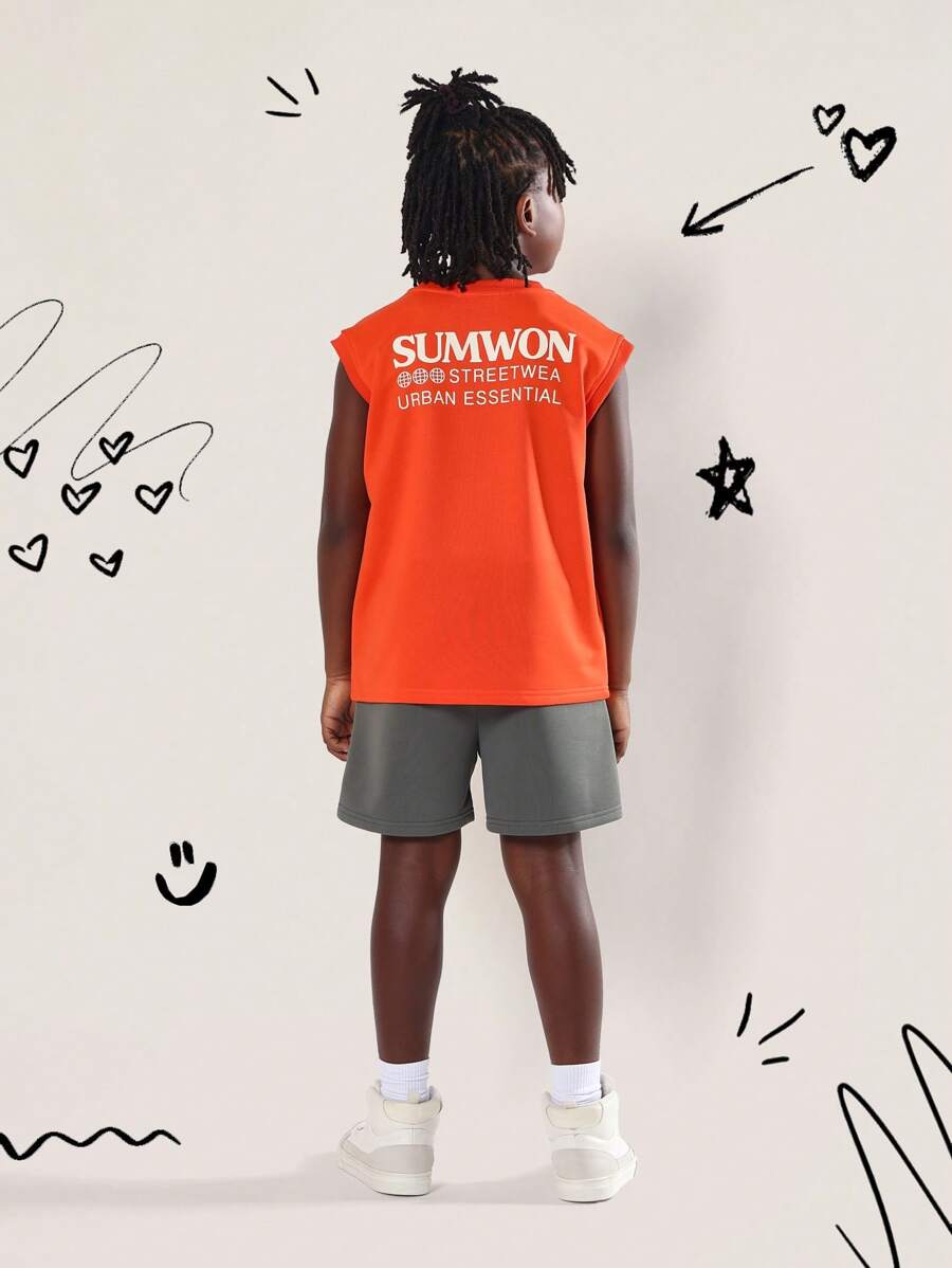 SUMWON 夏季街头服饰基本款都市背心无袖短裤运动服青年健身 - 橘色 - 查看 1