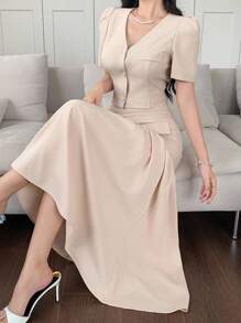 DAZY Women's Summer Solid Color Single-Breasted Puff Sleeve Shirt And Skirt 2 Pieces Elegant Set - Apricot - View 3