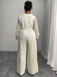 Elenzga 1 pièce Combinaison longue plissée à manches longues en mousseline de soie avec empiècement, amincissante à la taille, élégante tenue décontractée chic pour femmes grandes tailles. Vêtement d'automne pour femmes grandes tailles - Nude - Voir 2