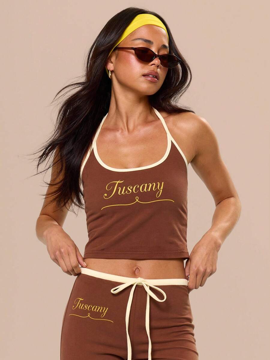 MUSERA Kontrast Saum Neckholder Passform Kurzes "Toskana" Grafik Muster Crop Top Nur Sommerurlaub Feiertag Festival Süß Lässig Elegant Toskana Sonne Grafik Top Flughafen Frühling - Kaffeebraun - Übersicht 1