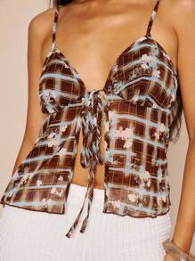 MUSERA 细肩带系带格纹花卉网纱宽松吊带背心，可爱度假性感节日优雅春夏款 - 彩色 - 查看 6