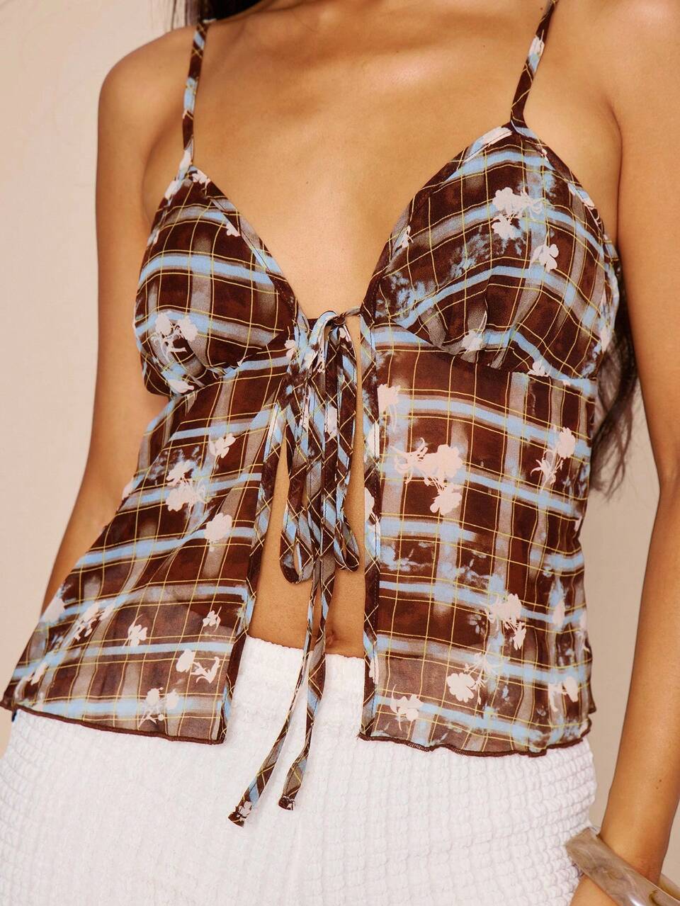 Thin Strap Tie Front Checked Floral Mesh Loose Fit Cami Top Cute Vacation Sexy Festival Elegant Holiday Elegant Spring Summer