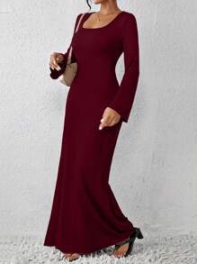 SHEIN ChicEase Elegant Ladies Maxi Dress Burgundy Color Women Outfit Fall Cloth For Women - Burgundy - View 4