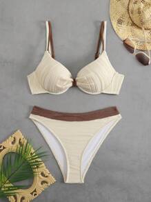SHEIN Swim Women's Simple Textured Fabric Wire Supported Bikini 2 Pieces Swimwear, Casual Beach Holiday For Summer Beach Vacation - Multicolor - View 5