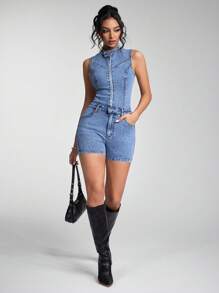 Jeanoix 女式夏季拉链前无袖休闲牛仔连体衣 - 淺色水洗藍 - 查看 3