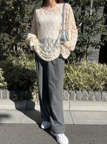 FRIFUL Women's Apricot Loose Sheer Cover Up, Lace Camisole With Bell Sleeve, Spring/Summer,Ruffle Long Sleeve Women Tops - Apricot - View 2