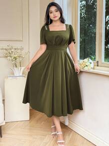 SHEIN Clasi Plus Size Women's Summer Retro Rhinestone Decor Square Neck Elegant Artistic Style French Style Dress