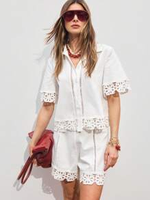 ATUI Studio Women's Summer Vacation Beach Casual Boho White Crochet Stitching Linen Shorts,Summer For Women,Beach Vacation,Beach,Office For Women - White - View 1