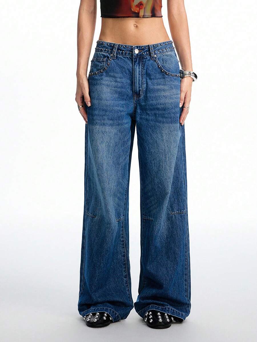 LYSMO Women's Casual Everyday Washed Slant Pocket Pearl Decor Wide Leg Jeans - Blue - View 1