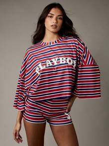 Missguided x Playboy 复古风格条纹休闲套装超大上衣搭配骑行短裤休闲夏日节日海滩装 - 彩色 - 查看 3