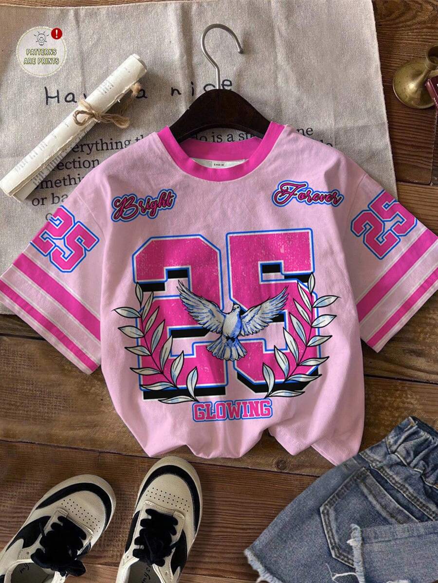 SHEIN Leap Crew 少女休闲简约美式风格，图案数字 25 鸽子图案，甜美酷炫运动衫风格，适合毕业季，返校季，超大针织宽松 T 恤，适合夏季，舒适轻松，休闲装，酷装系列，返校季，儿童图案 T 恤，韩式，夏季，度假，节日感，时尚穿搭，流行色彩，毕业季 Y2k 图案 T 恤