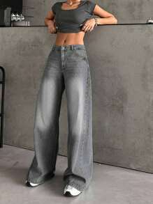 RueChic 100%纯棉女式低腰浅蓝色水洗直筒宽松牛仔裤