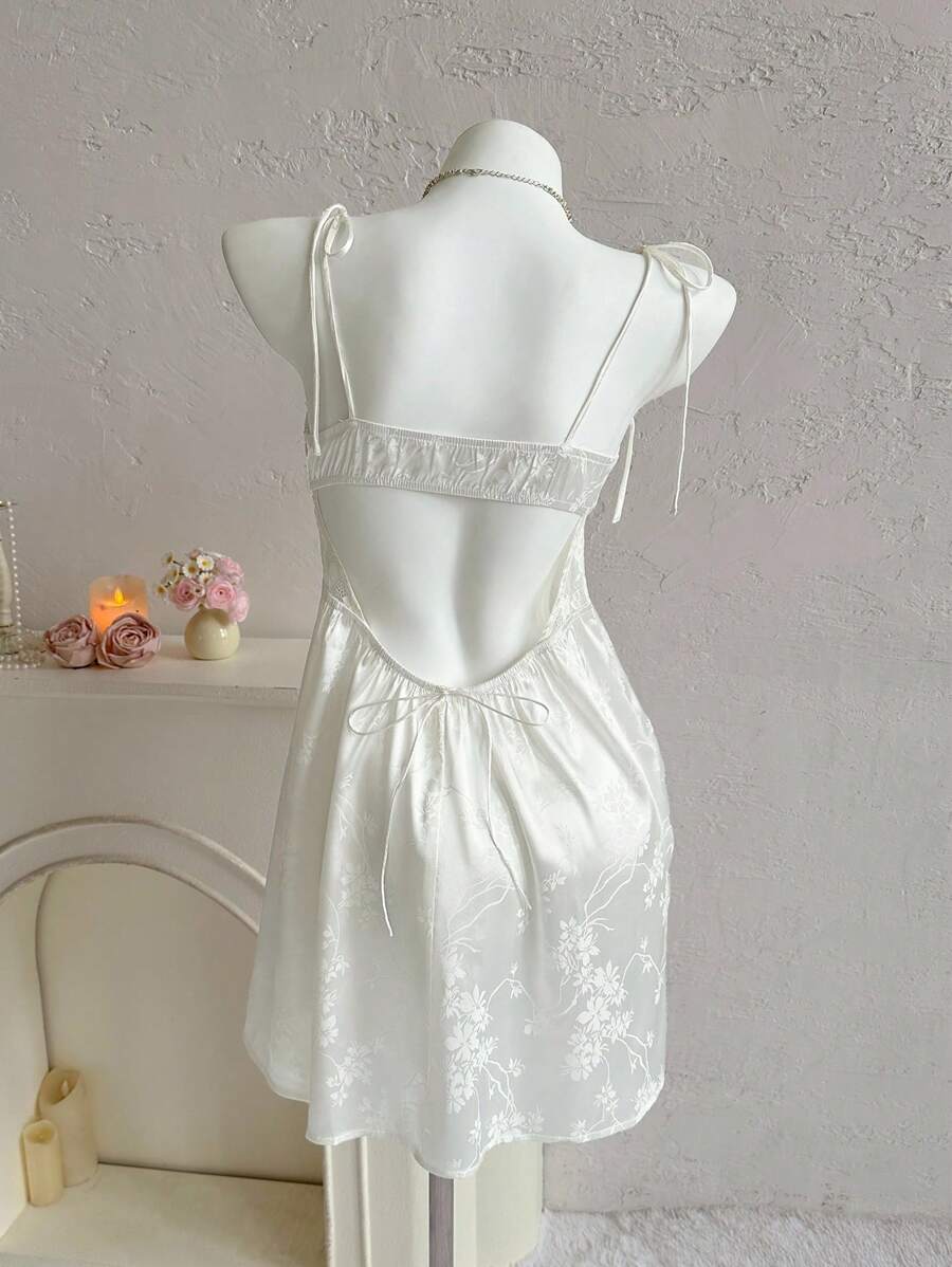 Sweetina Vestido de satén con espalda de encaje y unicolor elegante en beige y blanco, lencería de salón sensual - Blanco - Ver 1