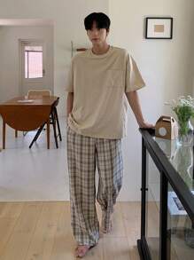 DAZY Men's Plaid Pants And T-Shirt Coordinate Home Set, Spring/Summer Pajama - Multicolor - View 5