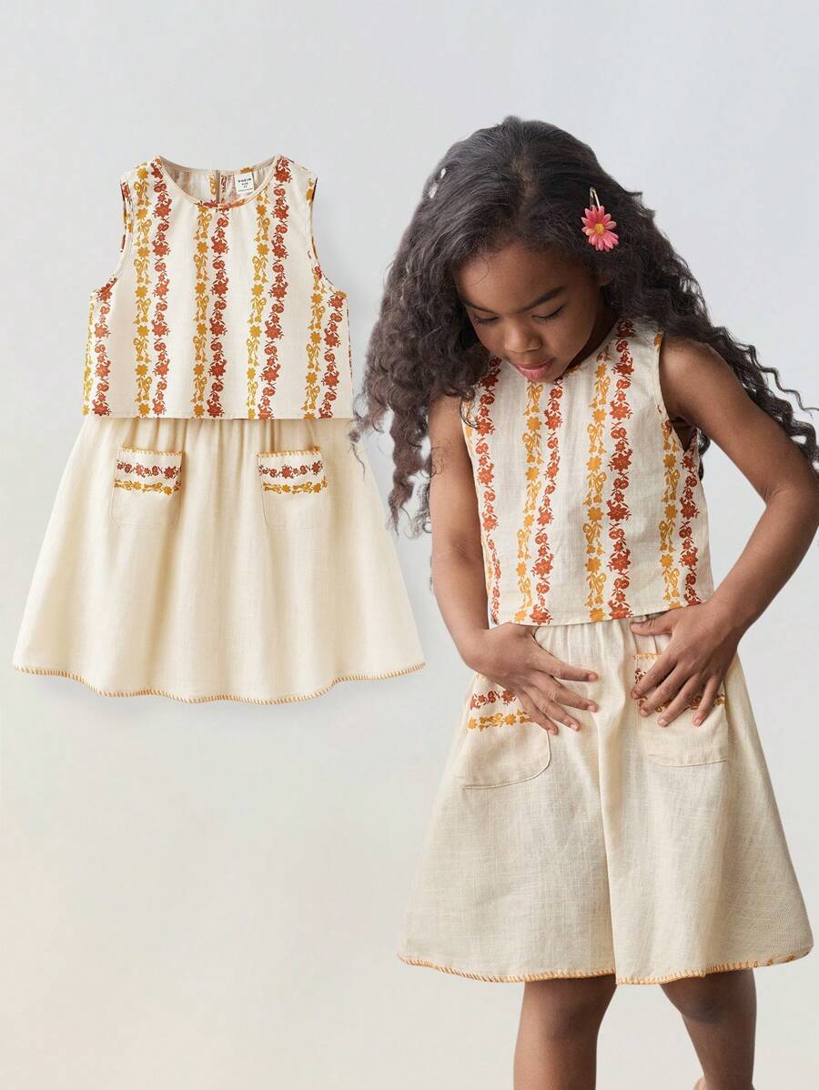 Maija Kids Maija Kids Young Girl Floral Print Loose Casual Tank Top And Skirt 2Pcs Set - Apricot - View 1