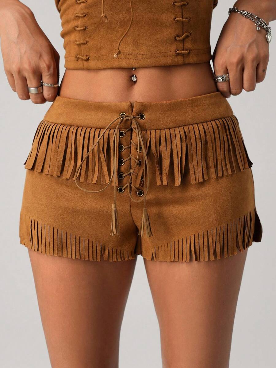 SHEIN ICON Women's Solid Color Waisted Eyelet Lace-Up Fringe Hem Low Waist Shorts - Rust Brown - View 1
