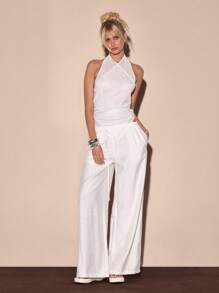 MUSERA Tie Front Wide Leg Linen Look Trousers Summer Vacation Streetstyle Cool Girl Festival Holiday Casual Beach Beachwear Elegant Graphite