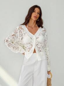 SHEIN Tall Áo len cardigan dệt kim khoét lỗ màu trơn thanh lịch cho nữ - trắng - Xem 7