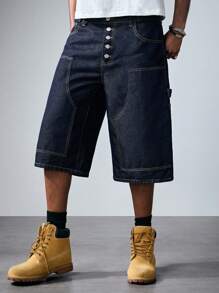 ROMWE MEN Street Life Men's Button Front Pockets Wide Leg Loose Casual Capri Denim Jeans - Blue - View 5