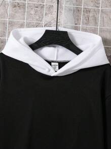 SHEIN Tween Boy Casual Sports Loose Fit Korean Style Contrast Color Hooded Sweatshirt, Suitable For Commuting, School, Daily Casual Wear, Sports, Autumn/Winter Season, Kids Clothes, Tween Boy Clothes, School Clothes, Kids Sweatshirt Black And White, Tween Boys Sweatshirt Fall - Black - View 3