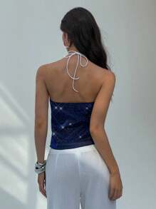 Aloruh Women Women's Elegant Romantic Beach Vacation Blue Glitter Sexy Suspender Top Y2K Young Girl Country Music Festival Concert Outing Top Solid Color Asymmetric Hem Sexy Halter Sleeveless Top For Party