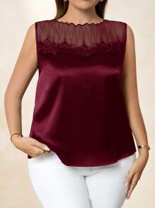 Reflora 大码时尚优雅网眼拼布纯色无袖背心 - 酒紅色 - 查看 3