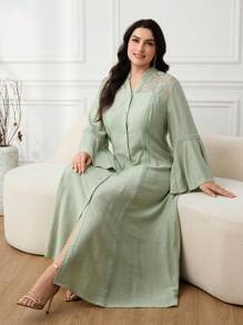 Al Najma Plus Size Women Arabic Style Contrast Lace Bell Sleeve Single-Breasted Elegant Dress