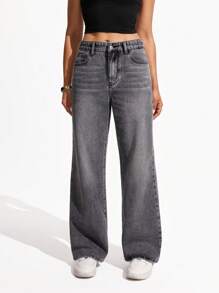 Jeanoix Pantalones vaqueros casuales, versátiles, de pierna ancha y sueltos con bolsillos para mujer