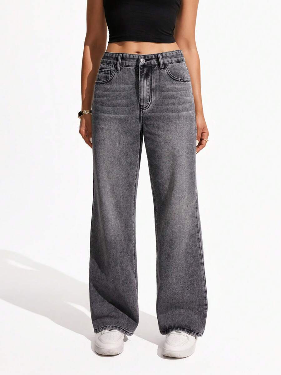 Jeanoix Pantalones vaqueros casuales, versátiles, de pierna ancha y sueltos con bolsillos para mujer