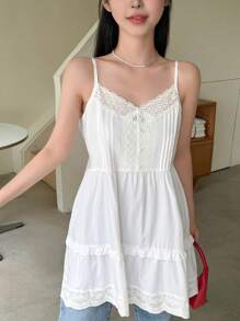 DAZY Ladies' Solid Color Simple Casual Camisole,Ruffle Babydoll Top - White - View 7