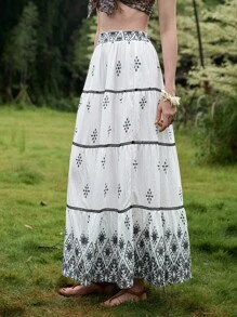 Florisole Women's Boho Maxi Skirt White Woven Fabric Skirt With Printed Pattern And Ruffle Hem Detail Flowy Bohemian Style - White - View 5
