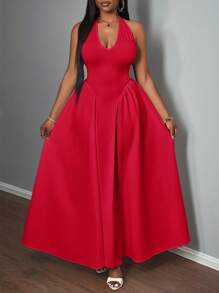 Slaydiva Đầm dài hở lưng cổ chữ V thanh lịch cho ngày lễ, màu trắng - Đỏ - Xem 5