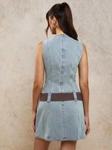COSMINA Denim Women's Vintage Washed Color Block Wide Waistband Denim Mini Dress - Medium Wash - View 2