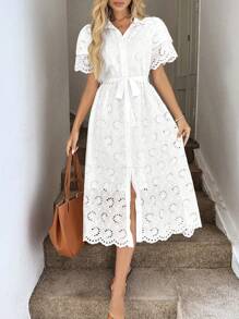 Easowa 女士休闲刺绣领开衫花卉蕾丝边连衣裙夏季女装夏季连衣裙白色连衣裙女士度假装扮女士夏季服装波西米亚风度假连衣裙白色连衣裙优雅波西米亚风女装白色毕业礼服女士白色套装夏季女装 - 白色 - 查看 8