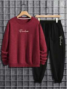 RueChic Cotton Men Letter Graphic Sweatshirt & Sweatpants - Burgundy - View 6