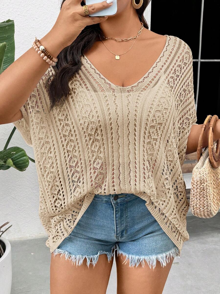 SHEIN Frenchy Jersey de punto holgado para mujer, blanco, para casual y vacaciones, de talla grande, versátil y sencillo