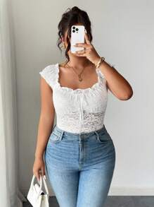 Elenzga Camiseta elegante y dulce para mujer con lazo decorativo de encaje y cordón en el busto