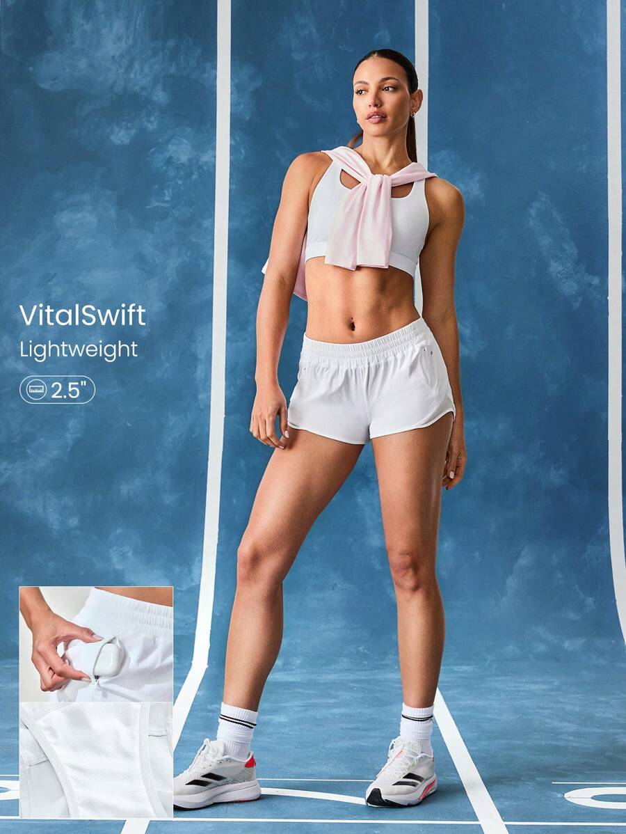 GLOWMODE Quần short chạy bộ cạp trễ VitalSwift 2,5" có quần lót tích hợp, túi lưới có khóa kéo, dây rút phản quang, tập luyện hàng ngày, tập thể dục, mùa hè, nhanh khô, thấm hút mồ hôi, chống mùi hôi - trắng - Xem 1