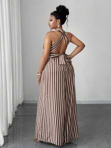 Bộ đồ liền thân ống rộng hở lưng kẻ sọc gợi cảm cho nữ cỡ lớn - Cà phê nâu - Xem 6
