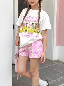 SHEIN 清凉夏日，水果蝴蝶结柠檬茶图案短袖圆领T恤+短裤两件套，适合青春期女孩，休闲简约，度假风