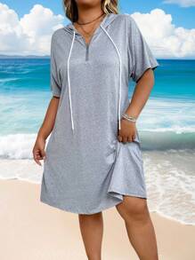 SHEIN Robe mi-longue ample à capuche avec cordon de serrage et manches courtes, style décontracté pour grandes tailles