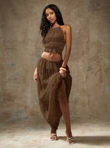 MISSGUIDED Conjunto coordinado bohemio con top halter fruncido y pantalones de pierna ancha para playa, vacaciones y uso en resort en verano - Marrón Chocolate - Ver 6