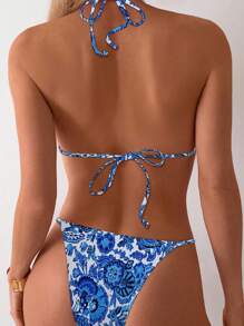 SHEIN Swim 2 pezzi Bikini floreale da donna con top a collo alto e schiena scoperta, con laccetti e slip a triangolo