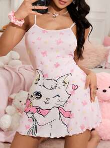 Vestido feminino com estampa de gato e desenho animado