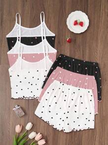 Dream Adore Conjunto de pijama de 3 piezas con estampado de corazones, incluyendo camiseta y pantalones cortos
