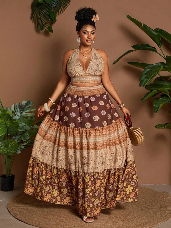 Maweii Plus Size Women Vacation Allover Print 2Pcs Set, V-Neck Tie Top, Ruffle Hem Skirt Set