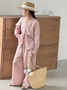 2pcs Tween Girl V-Neck Long Sleeve Shirt And Long Pants Set, Fall Outfit - Pink - View 5